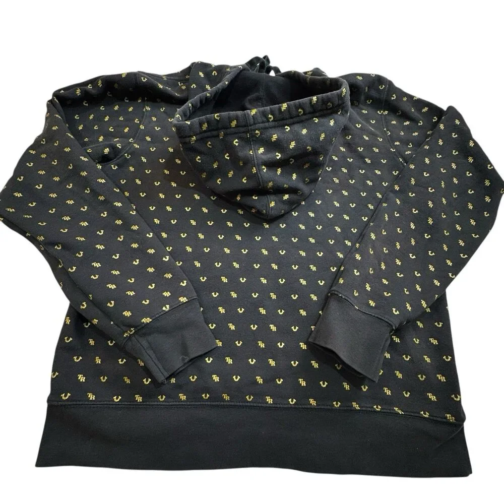 True Religion Monogram Pullover Hoodie Black Gold All Over Horseshoe Logo Mens L